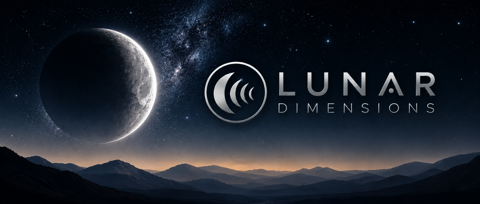 A crescent moon over mountains beneath a starry sky with the Lunar Dimensions logo
